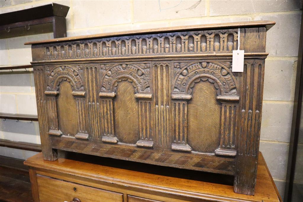 A small 18th century style oak coffer, width 106cm, depth 45cm, height 61cm